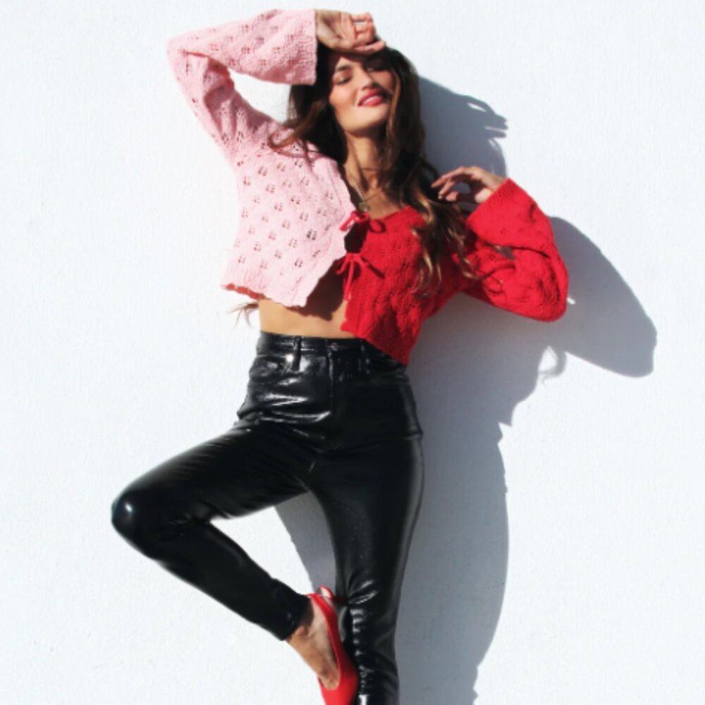 New Sincerely Jules Small Red Pink Crochet Tie Front Color-Block‎ Boho Cardigan
